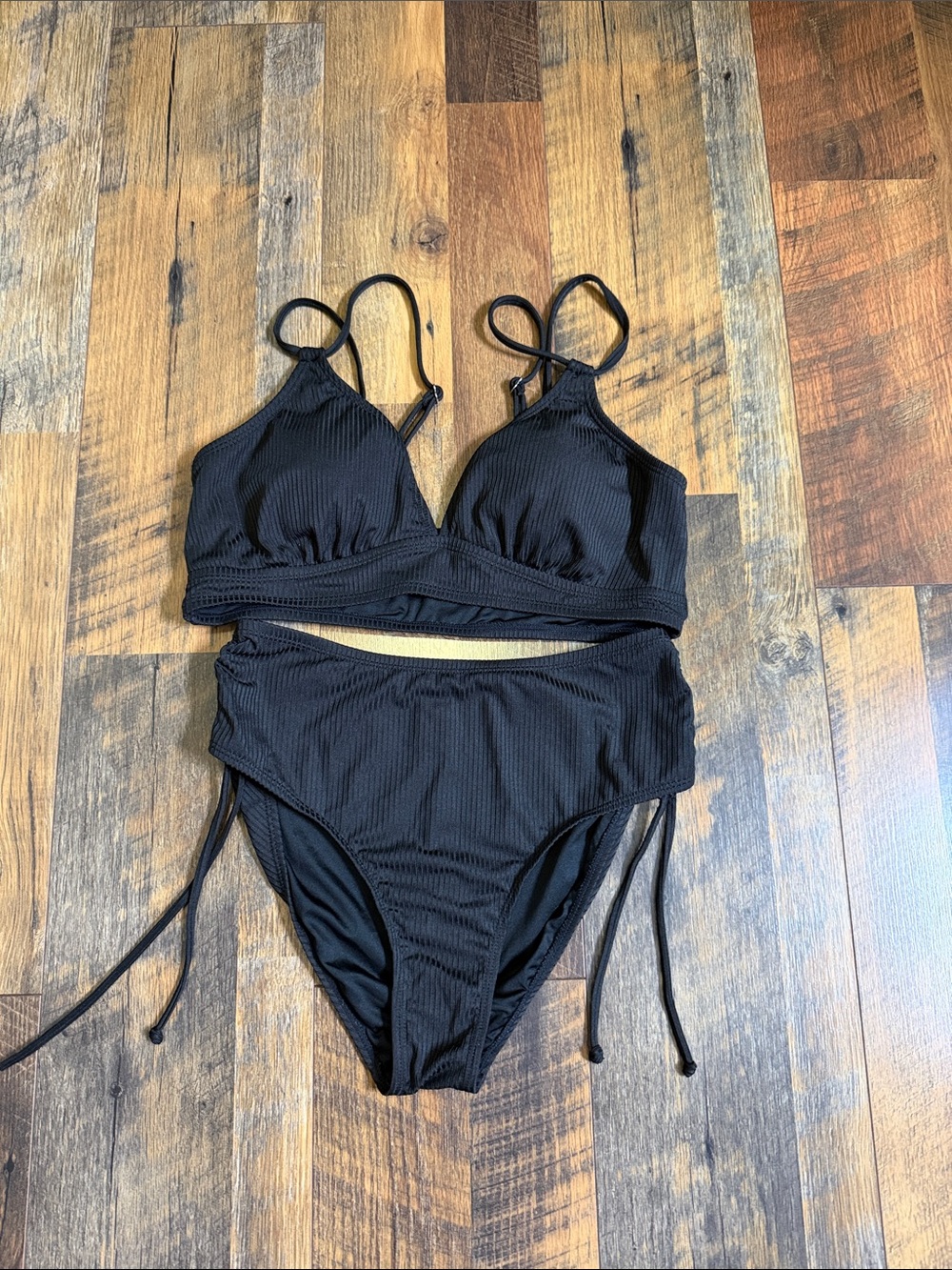 Black Ribbed High-Waist Bikini Set - Women Swim
